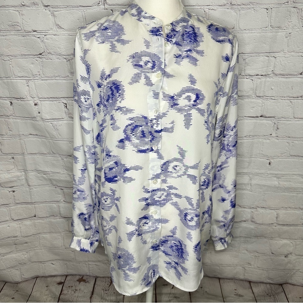 Equipment Femme blue and white silk deconstructed floral long sleeve shirt